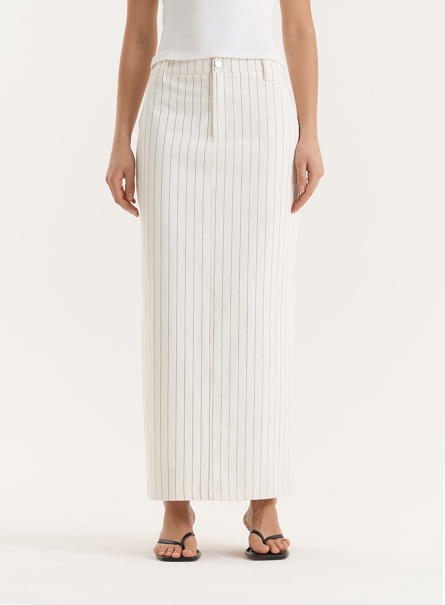 White Pinstripe Tailored Denim Maxi Skirt